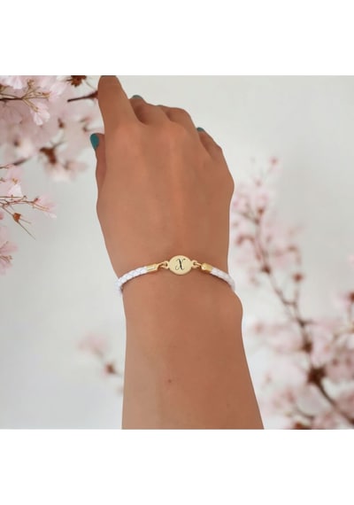 X Harfine Özel Doğal Beyaz Derili Oval Motifli 14 Ayar Altın Plakalı Hediye Bileklik-529harf X