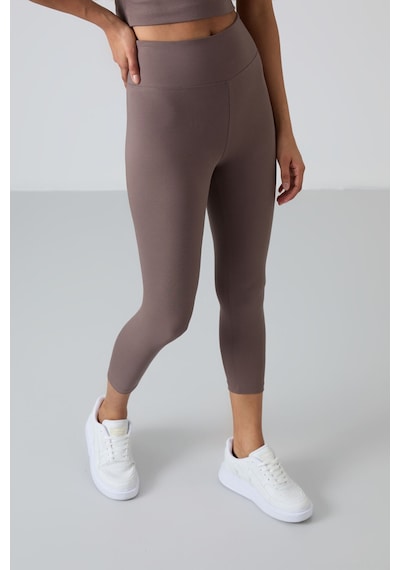 Tommylife Kahverengi Yüksek Bel Kapri-crop Atlet Slim Fit Kadın Tayt Takım - 95284