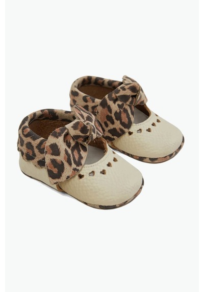 Beybium Lily Hakiki Deri Kız Bebek Makosen Leopar Kalpli Krem