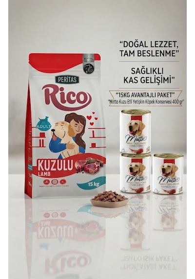 Peritas Rico Kuzu Etli Yetişkin Köpek 15 Kg + Petssıo Konserve Köpek Maması X3 Adet