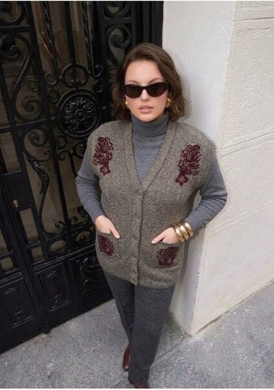 Onno Style Women Karyağdı Gül Desenli Çelik Örgü Triko Kadın Yelek Gri