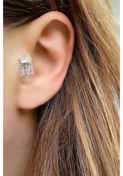 Zirkon Taş Detaylı 925ayar Gümüş Üzerine Altın Kaplama Kıkırdak Tragus Piercing Gümüş