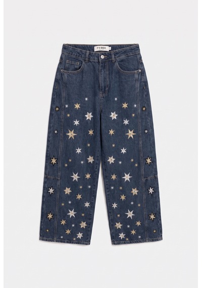 Kadın Koyu Kot 1w6-8 Mega Baggy Yıldız Nakış Detaylı Özel Tasarım Denim Jean