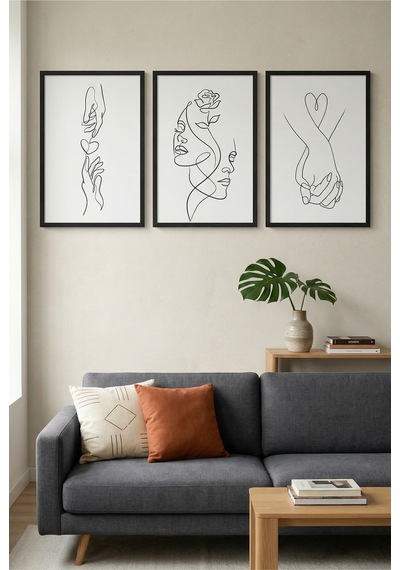 Siyah Ahşap Çerçeveli Minimalist Çizgi Sanatı 3 Lü Set Soyut Figür Duvar Tablosu Siyah