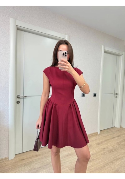 Sırt Dekolteli Çan Detaylı Mini Elbise - Bordo Bordo