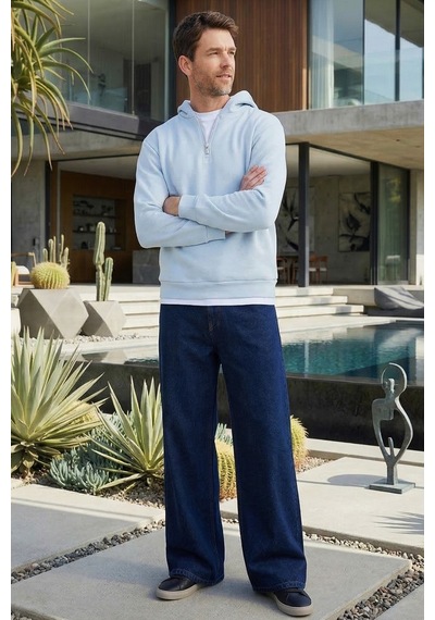 Tudors Unisex Relax Fit Rahat Kesim Pamuklu İçi Polarlı Yarım Fermuarlı Mavi Kapüşonlu Sweatshirt-37029