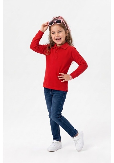Nacar Store Unisex Çocuk Uzun Kollu Polo Yaka Lakost Okul Tişörtü Kırmızı