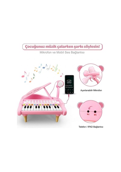Pembe Mikrofonlu 24 Tuşlu Çocuk Piyanosu - Telefon Bağlantılı Eğitici Işıklı Org Müzik Seti
