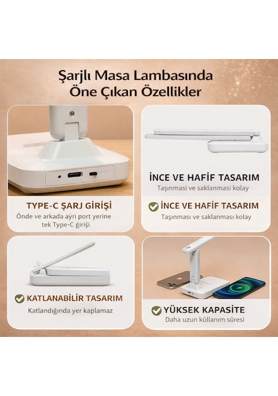 Polham Şarjlı Katlanabilir Led Masa Lambası 3 Işık Modu Göz Koruyucu 800mah Telefon Tutuculu Beyaz