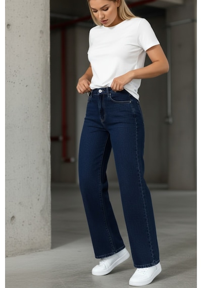 Woddi Nova Kadın Yüksek Bel Lacivert Salaş Jeans Wide Leg Geniş Paça Palazzo Kot Pantolon