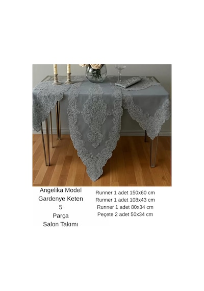 5 Parça Keten Dantelli Angelika Model Simli Gri Salon Takımı Runner Seti Çok Renkli