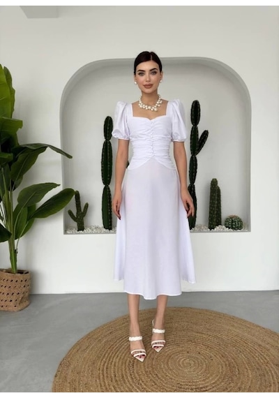 Defymoda Kare Yaka Düğmeli Elbise Beyaz