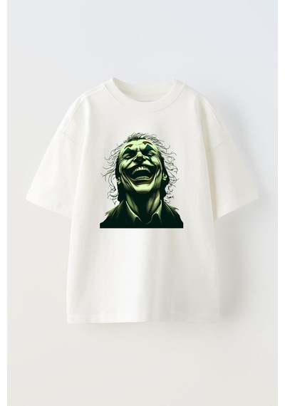 Thewert Unisex The Joker Tasarım Baskılı Pamuk Beyaz Oversize T-shirt