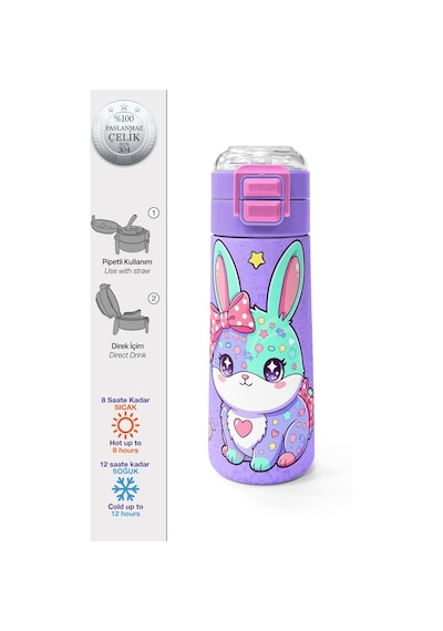 Coral High Kids Milka Su Yeşili Tavşan Desenli Pipetli Ve Direkt İçim Çelik Termos 500 Ml 38137 Lila