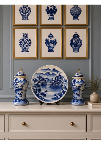 Dekoratif Salon Seti - Blue Blanc Şah Küp Tabak Gold