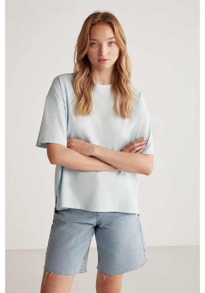 Grımelange Jemmy Kadın %100 Organik Pamuk Relaxed Fit Yırtmaçlı Yuvarlak Yakalı Açık Mavi T-shirt