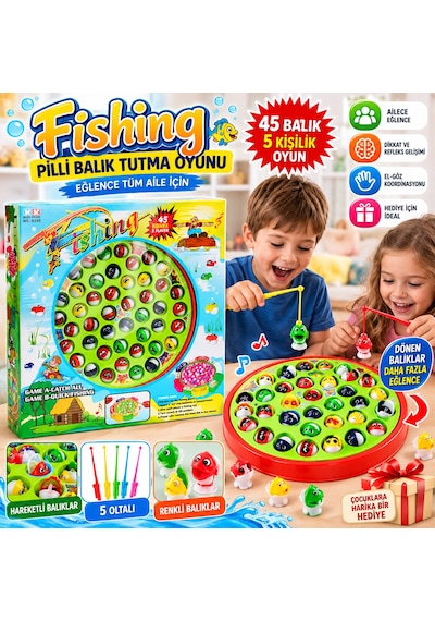 Pilli Balık Tutma Oyunu Eğitici Eğlenceli Çocuk Balık Avı Oyunu 45 Balıklı Fishing Game