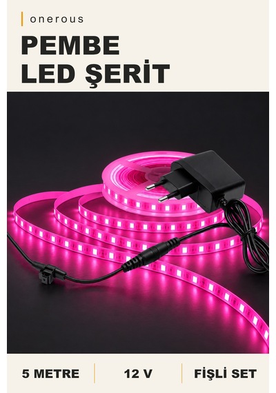Onerous 5 M 12v Pembe Led Şerit, Fişli
