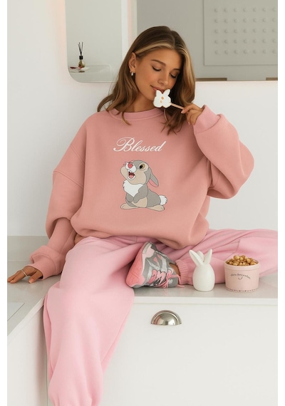 Benroma 3 İplik Penye Blessed Tavşan Baskılı Unisex Sweatshırt Çok Renkli