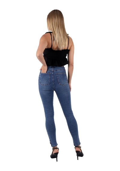 Alemdarshop Mavi Renk Dar Paça Eskitme Detaylı Yüksek Bel Jeans - Mavi