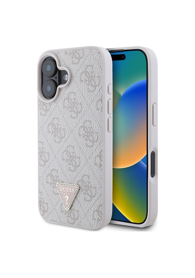 Apple Uyumlu iPhone 16 Kılıf Guess Lisanslı Pu Deri Taşlı Üçgen Logo 4g Desenli Strass Kapak Pembe