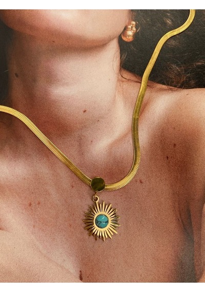 Firuze Taşlı Güneş Kararmaz Çelik Kadın Gold Kolye Altın