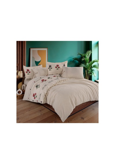 Gül Desen 200x220 Pamuk-keten Çift Kişilik Taş Baskı Nevresim Takımı Krem - 747908355 Krem