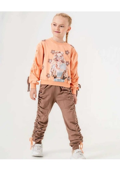 Kız Çocuk Rahat Kesim Sweatshirt Ve Büzgülü Jogger Takım Somon&Kahve