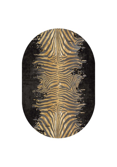 Frenda Home Zebra Desen Pamuk Taban Baskılı Oval Halı Siyah