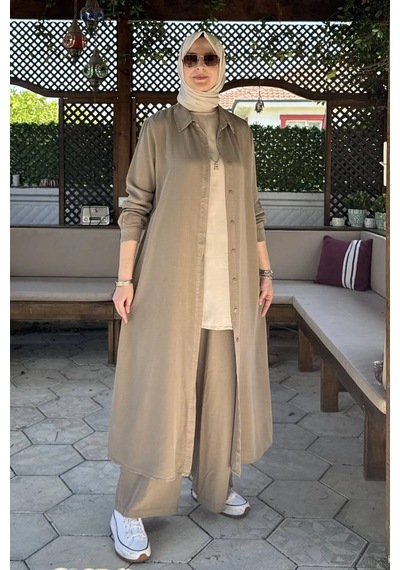 Rabia Şamlı Elif Pantolonlu Takım Vizon Normal