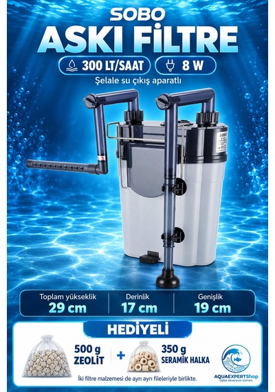 Sobo Akvaryum Askı Filtre - 300 Lt/saat - Seramik Halka + Zeolit Hediyeli - Şelale Filtreli - Aktif Temizlik - Temizlenebilir Sünger