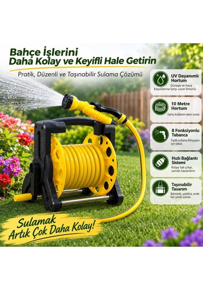10 Metre Taşınabilir Makaralı Bahçe Hortum Seti, 8 Fonksiyonlu