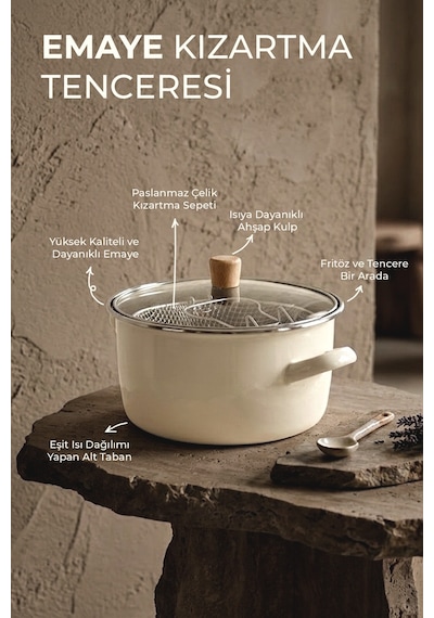 Titan Cook Ahşap Kulplu,paslanmaz Saplı Krem Süzgeçli Emaye Kızartma Tenceresi 22 Cm Krem