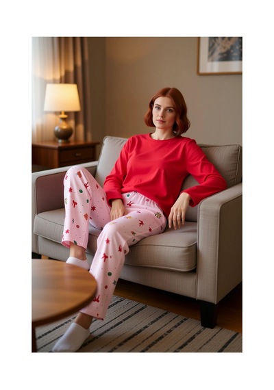 Ersefa Kadın Yılbaşı Desenli Pamuklu Pijama Takımı Fonksiyonel Dayanıklı Kırmızı - Ekru