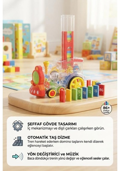Domino Tren Yön Verilebilir Şeffaf Dişli Otomatik 86 Parça 16 Cm Işıklı Ve Müzikli Oyuncak Tren