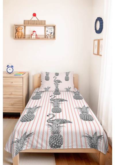 Flamingo Ananas Çizgili Pembe Genç Odası Tek Kişilik Pike Takımı-gri Tropikal Yatak Örtüsü 160x220cm Bulanık Koru Kıyımı
