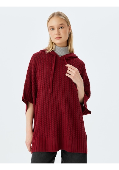 Koton Oversize Triko Panço Kapüşonlu Örgü Dokulu Kısa Kollu Bordo 5wal90033ht Bordo
