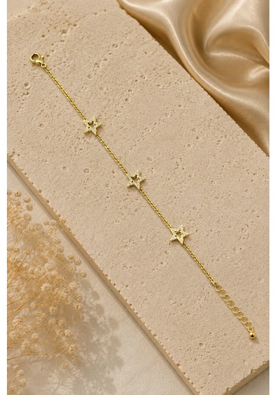 Premium Parlak Gold Renk Üçlü Yıldız Figürlü Zirkon Taş Detaylı Şık Kadın Bijuteri Bileklik 22cm Altın