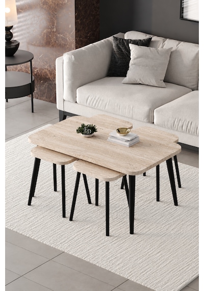 Roma Orta Sehpa Metal Ayaklı , 4+1 Orta Sehpa , 100 X 60 X 50 Cm Siyah Metal Traverten Tabla