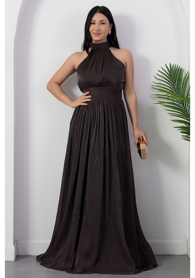 Kalopya Halter Yaka Şifon Elbise Grs4128 Kahve
