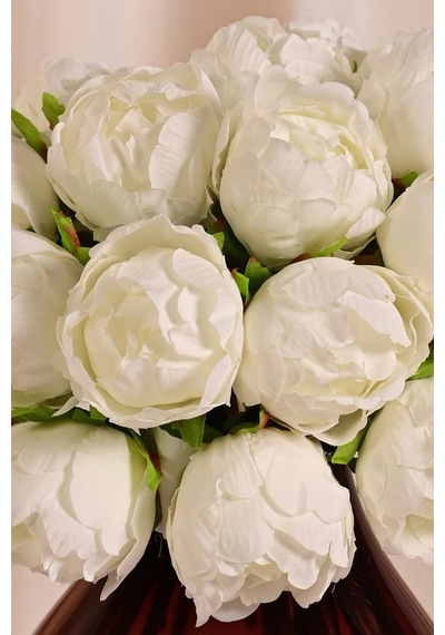 Beyaz Premium Yapay Peony Şakayık Çiçeği Buketi 7 Dallı Lüx İpeksi Dokulu 25 Cm