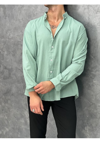 Modefendi Krinkıl Kumaş Oversize Kesim Keten Gömlek Yeşil