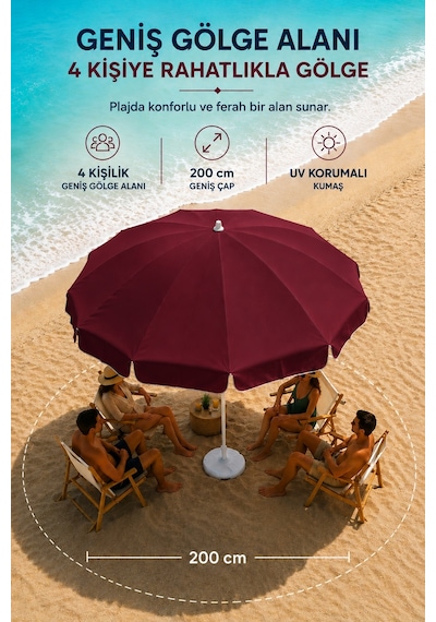 Bordo Plaj Şemsiyesi 200 Cm Çap /10 Telli, Polyester Kumaş Bordo