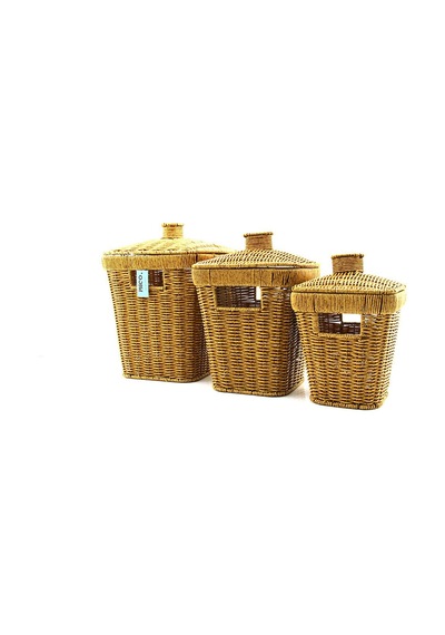 İbico İ22-338 Dikdörtgen Hasır Organizer Sepet 3'lü Set - Metal İskeletli Kapaklı- 8'li Paket