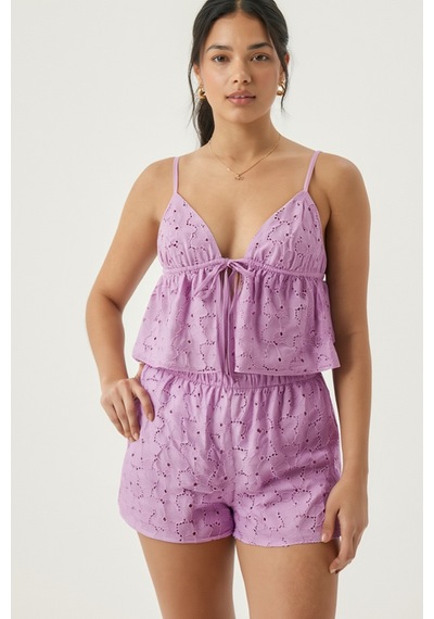 Kadın Lila Astarlı Kendinden Desenli Dokuma Şortlu Pijama Takımı Mor