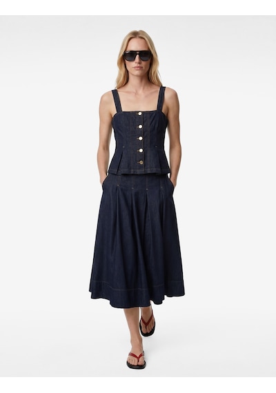 Koton Kare Yaka Kolsuz Pileli Düğme Detaylı Denim Bluz Koyu İndigo 6sal30013md Dark Indigo