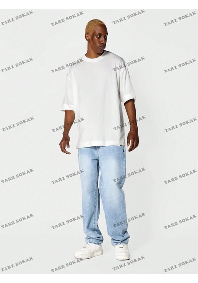 Düz Erkek 4 Baskısız Baskılı Oversize Kalıp Unisex T-shirt Beyaz