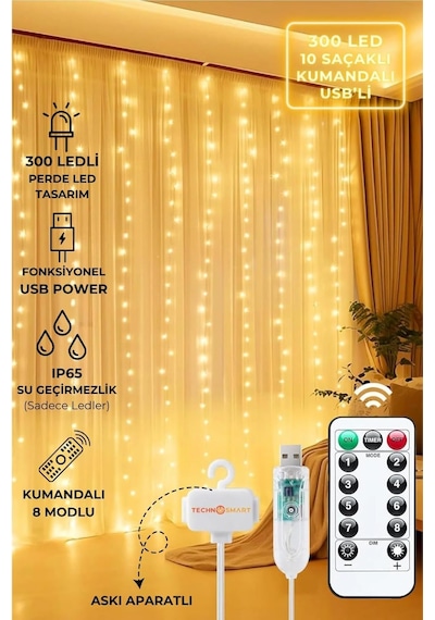 3x3 Metre Perde Led Işık, 300 Ledli 10 Sarkıtlı Dekoratif Peri Led, Uzaktan Kumandalı Ve 8 Fonk Standart