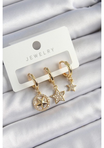Pirinç Zirkon Taşlı Yıldız Model Gold Renk 3'lü Çift Kadın Küpe Set Çok Renkli 23718282