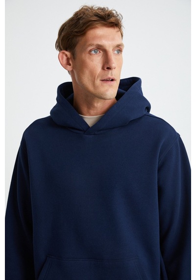 Grimelange GILMAR Erkek Şardonlu 3 İplik Kapüşonlu Kanguru Cepli Lacivert Sweatshirt